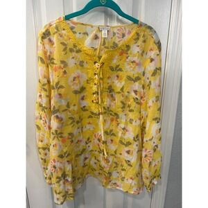 Spense Blouse Yellow Floral Lace Up Crochet Trim Boho Long Sleeve Top Large
